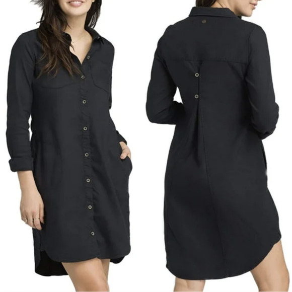 Prana Dresses & Skirts - prAna Womans M YARROW Shirt Dress $90 Long Sleeve Button Down Midi Black